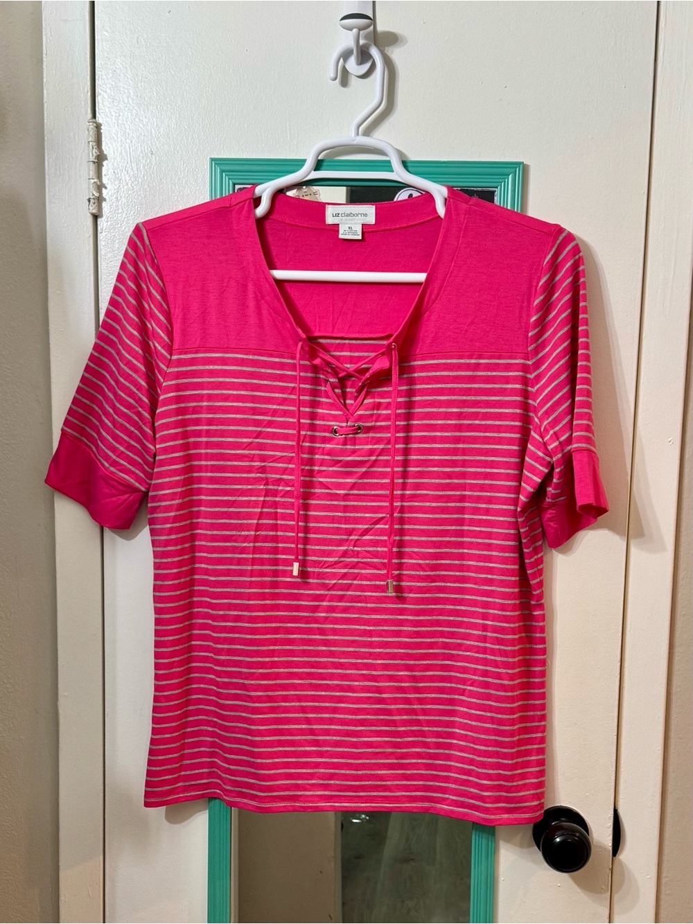 Liz Claiborne Hot Pink Striped Lace-Up Short Sleeve Top